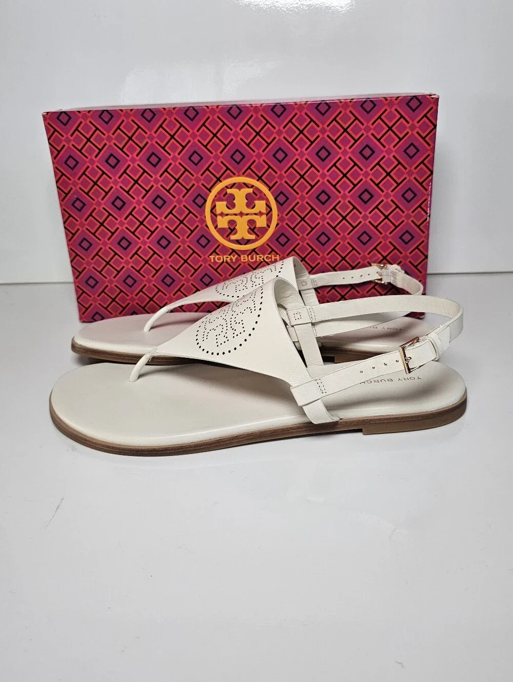 Tory Burch Capri Perf Leather Sandal Light Cream Size 10.5 NIB